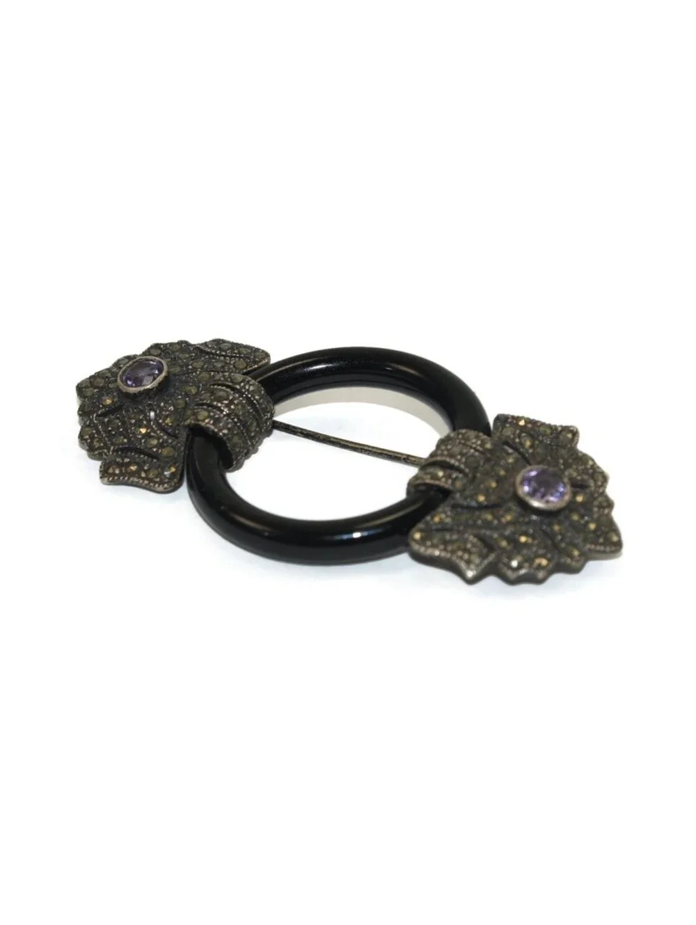 Art Deco Vintage Sterling Silver, Marcasite, Amethyst and Onyx Ring Brooch.